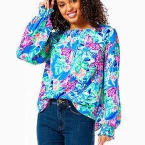 LILLY PULITZER Luce Pundy Blue Isle Be Black Floral Pullover Blouse-XXS
